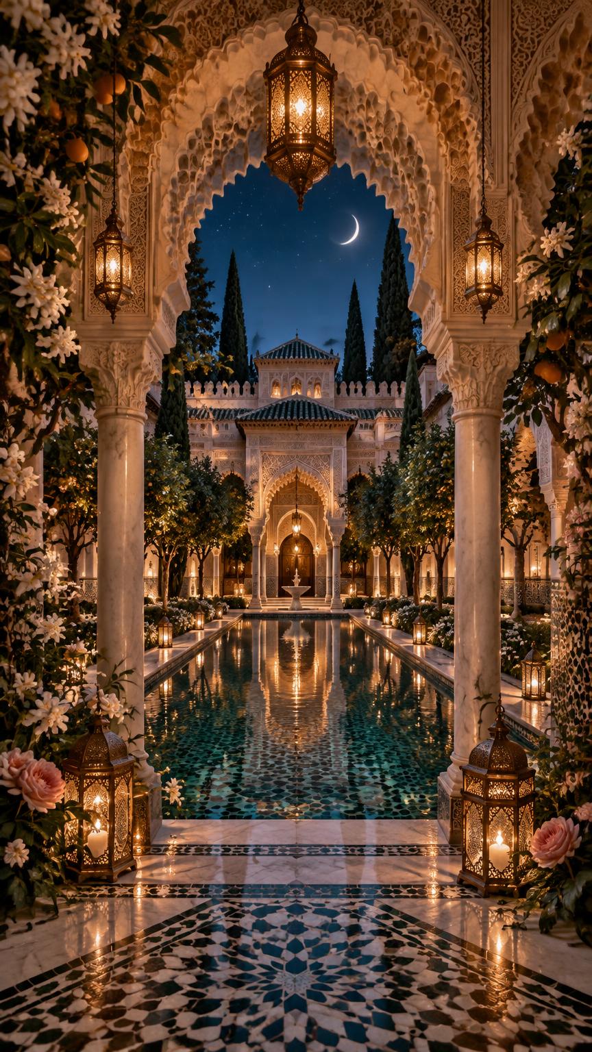A moonlit Andalusian palace courtyard with a reflecting pool, carved horseshoe arches and glowing brass lanterns